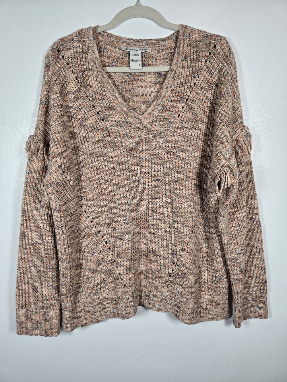 American Rag Marled Knit Fringe Sleeve Boho V-Neck Chunky Sweater Size Large